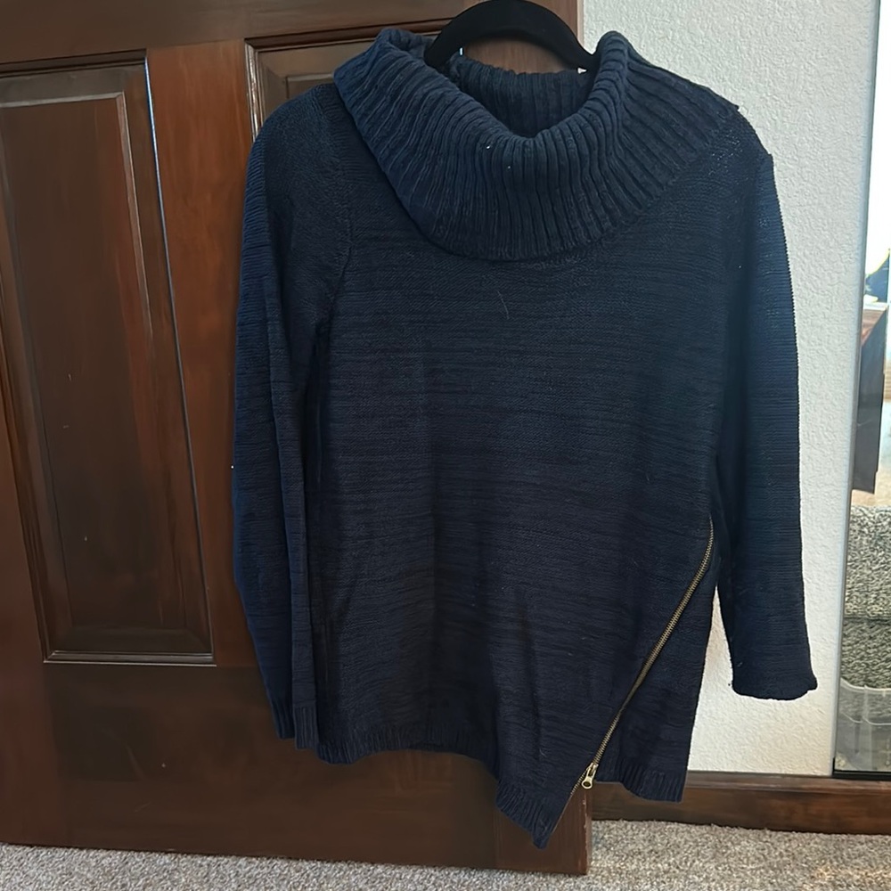 Emily Rose Navy Cowl Neck Sweater with Diagonal Gold Zip